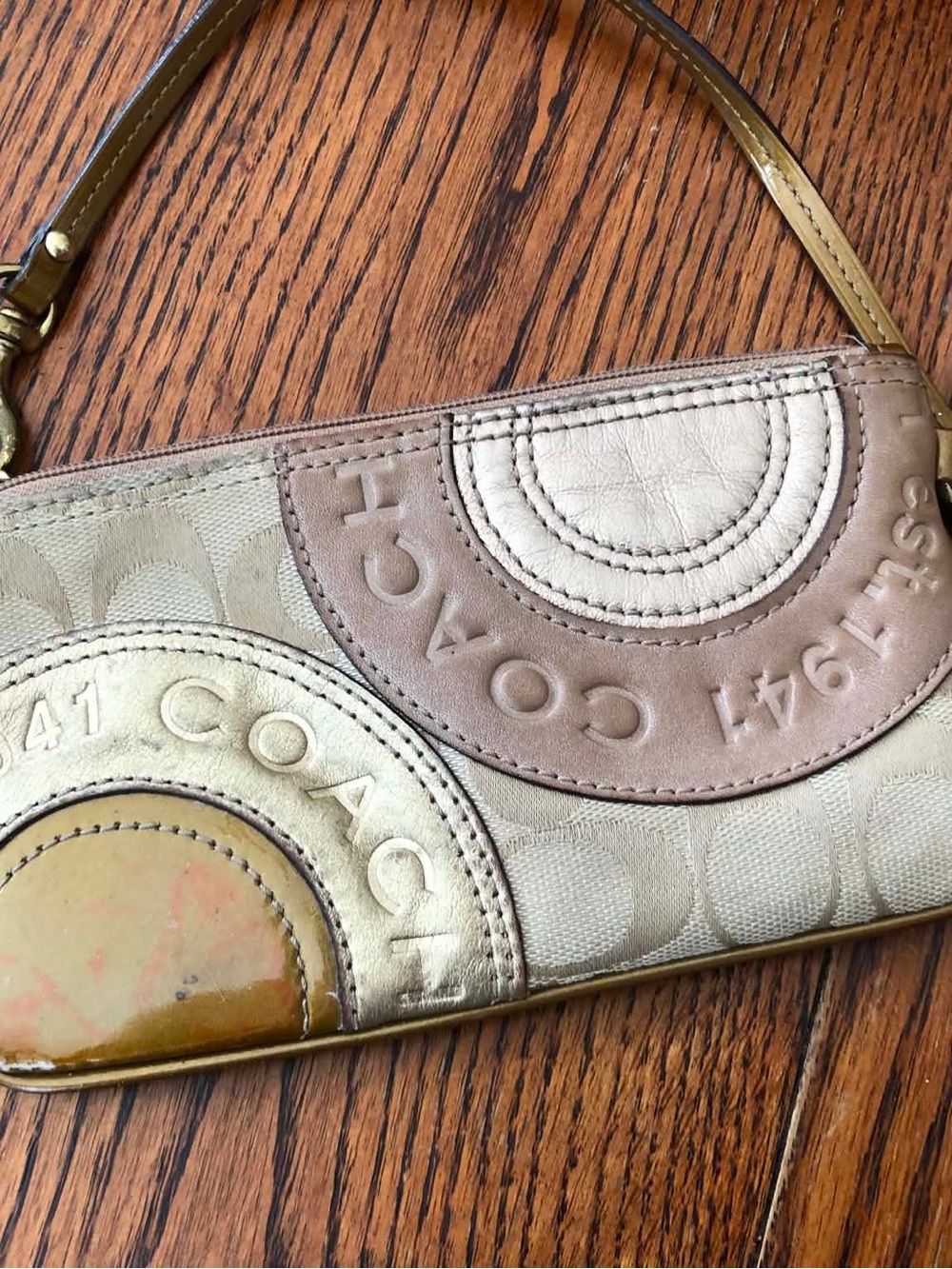 Vintage Coach Metallic Gold and Taupe Signature Wristlet